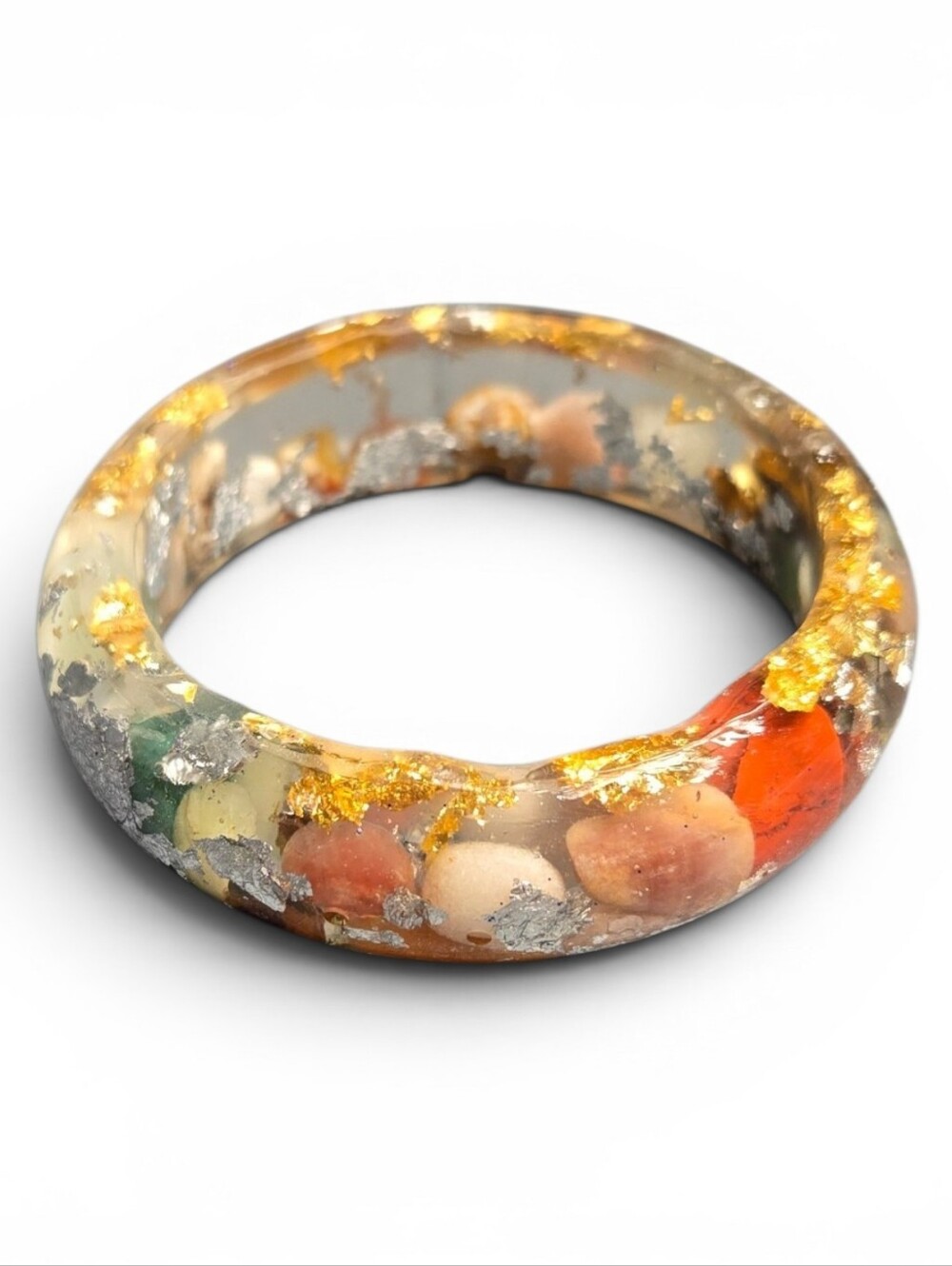 Handcrafted Multi-Color Stone Resin Bangle with Gold & Silver Leaf